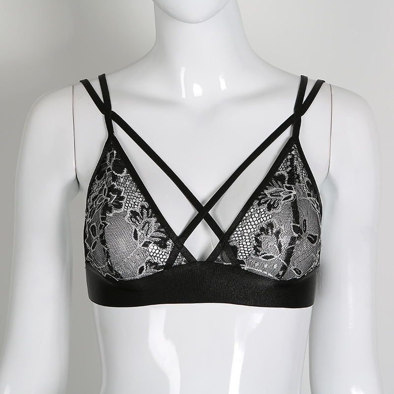 F5370 Black Crochet Lace Embellished Crossed Collar Bra